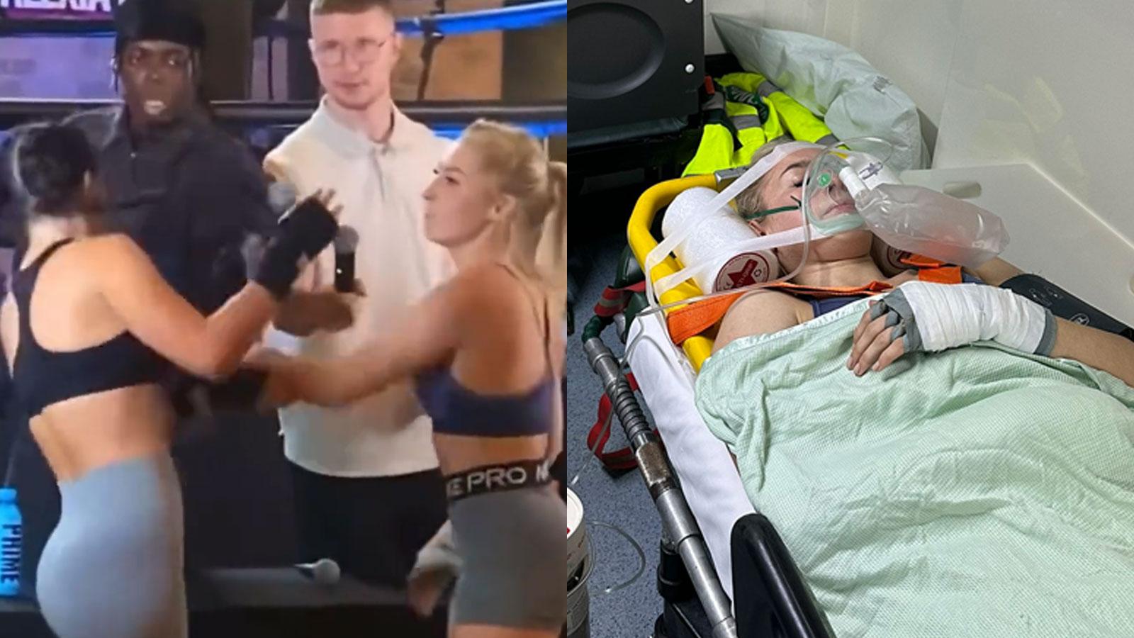 Astrid Wett slapping Alexia Grace and another photo of Astrid Wett lying on stretcher in ambulance