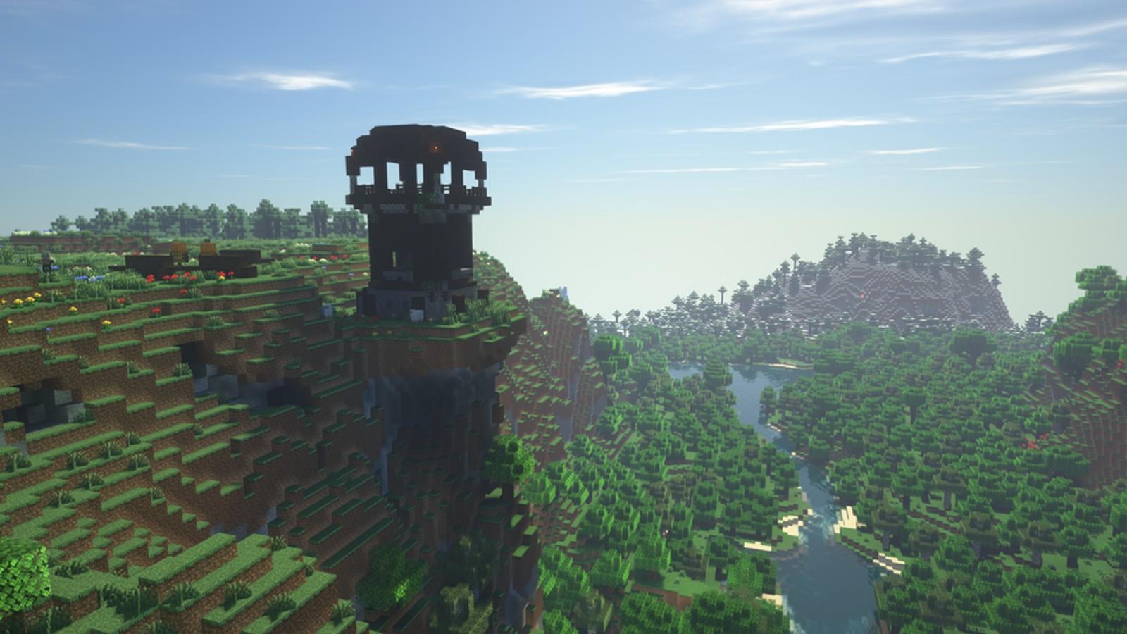 A pillager outpost overlooking a cliff in Minecraft
