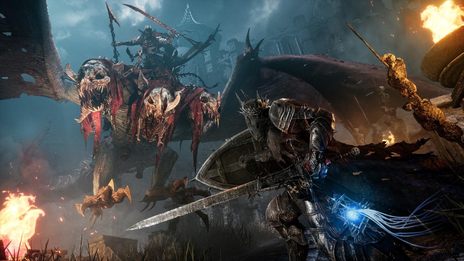 A promotional image from The Lords of the Fallen featuring combat.