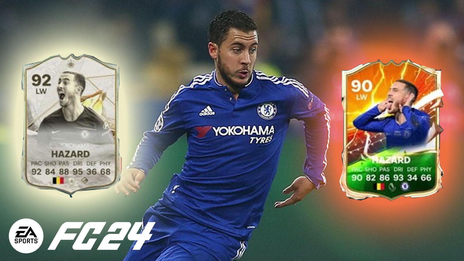 Eden Hazard wearing Chelsea shirt with EA FC 24 Icon and Hero card next to him