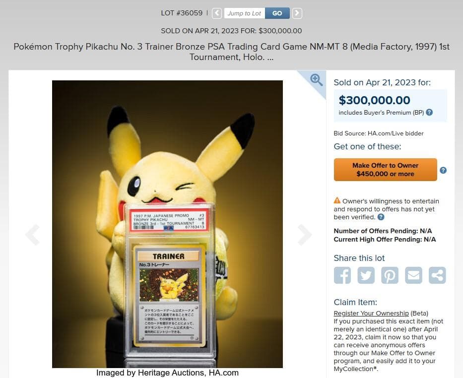Pokemon Trophy Pikachu No.3 Trainer Bronze at auction