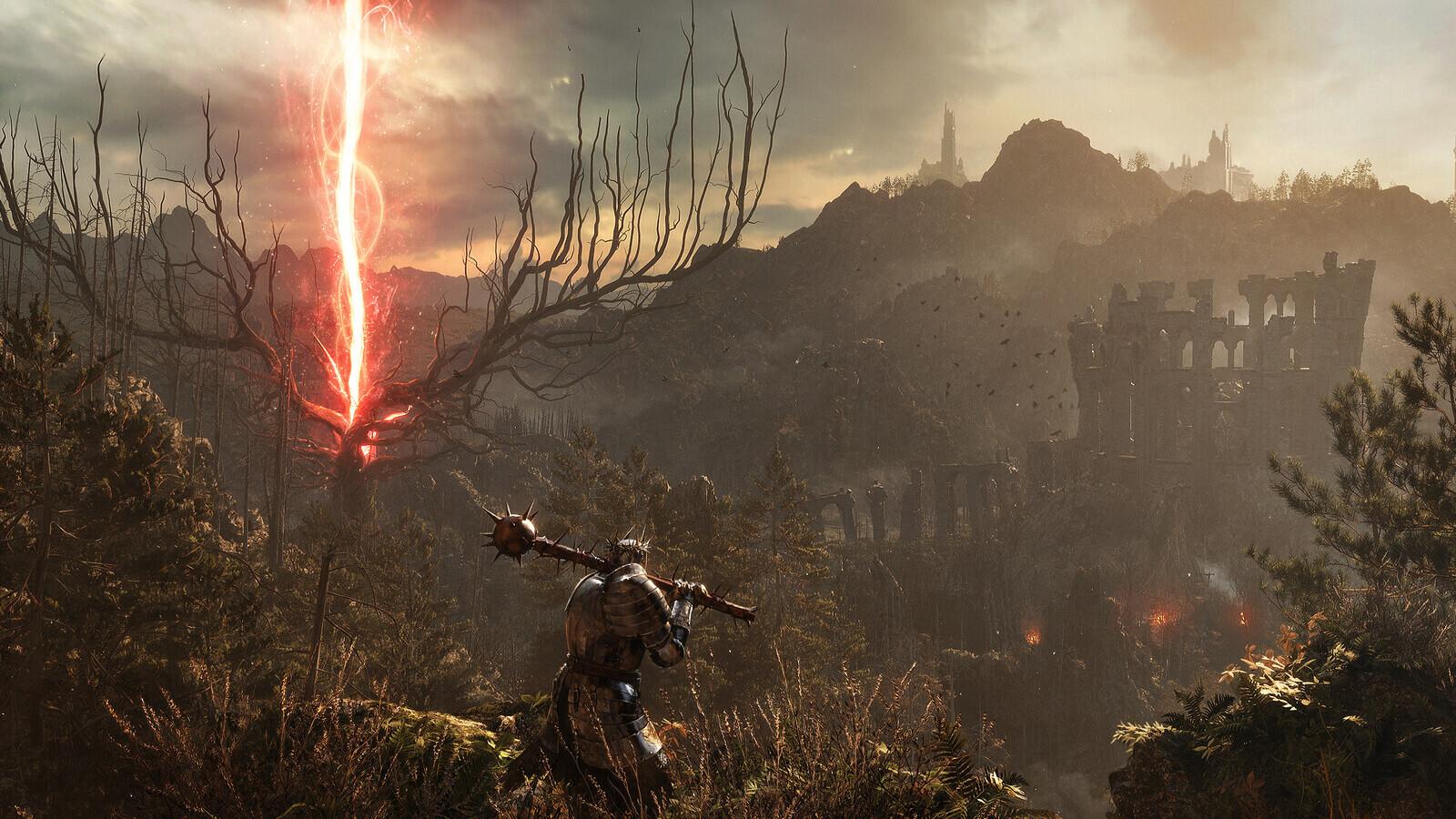 A warrior looks out over a huge landscape in Lords of the Fallen