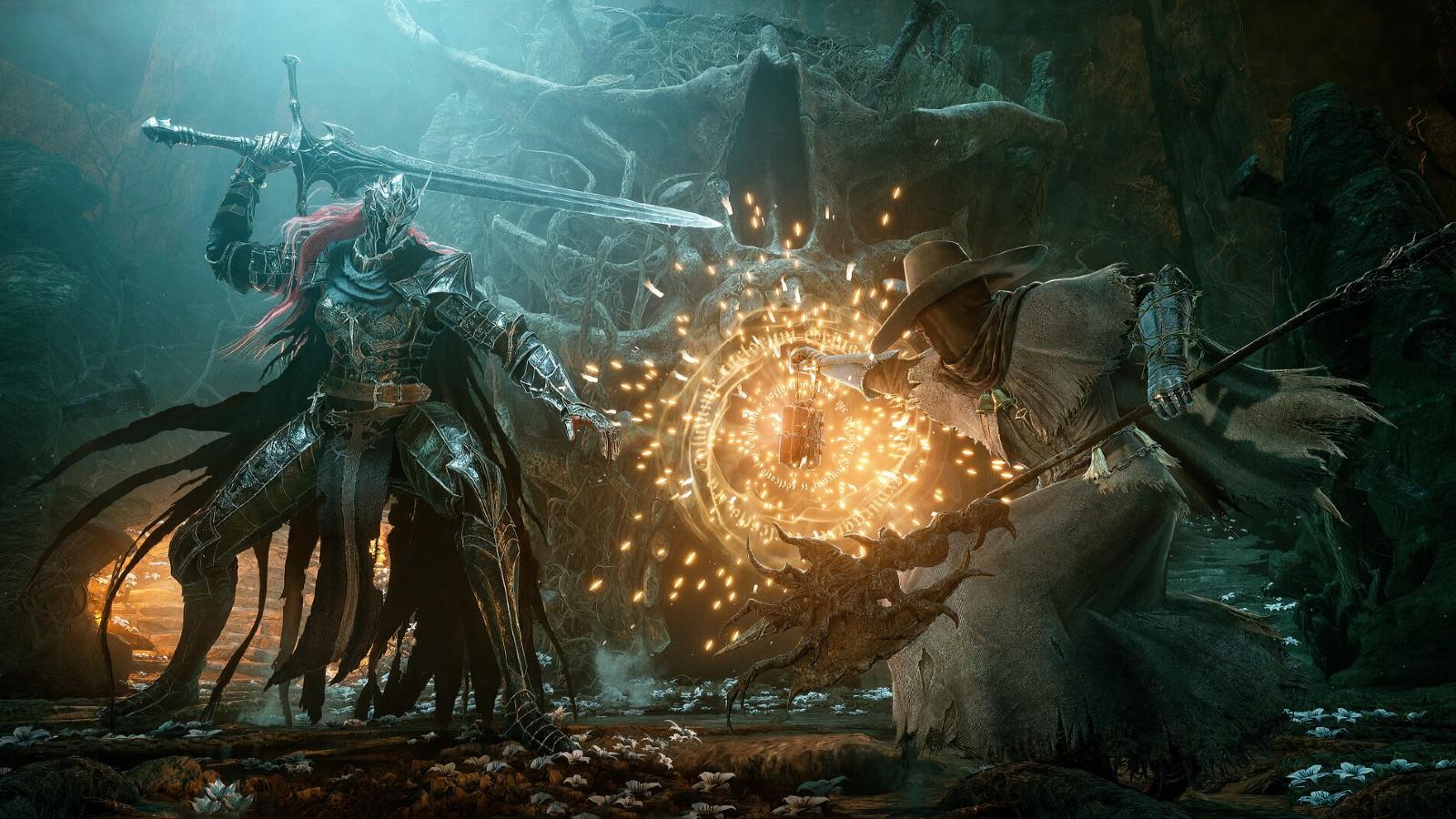 A promotional image from The Lords of the Fallen featuring combat.