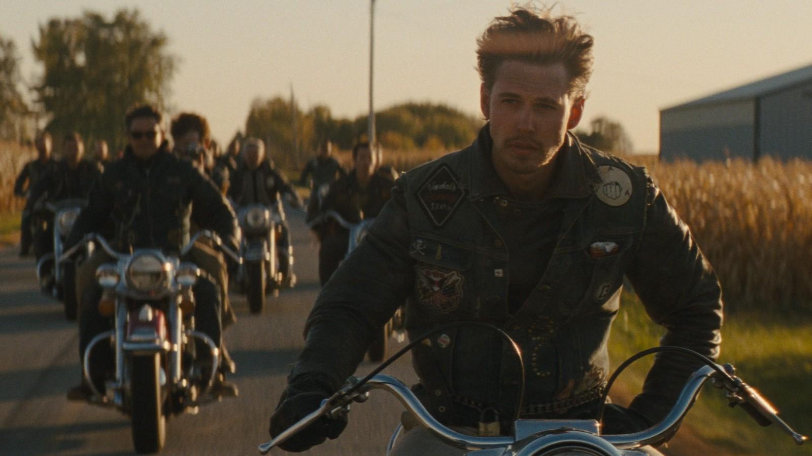 Austin Butler riding a motorcycle in The Bikeriders.